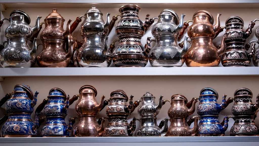 Traditional Turkish çaydanlık teapots on display.