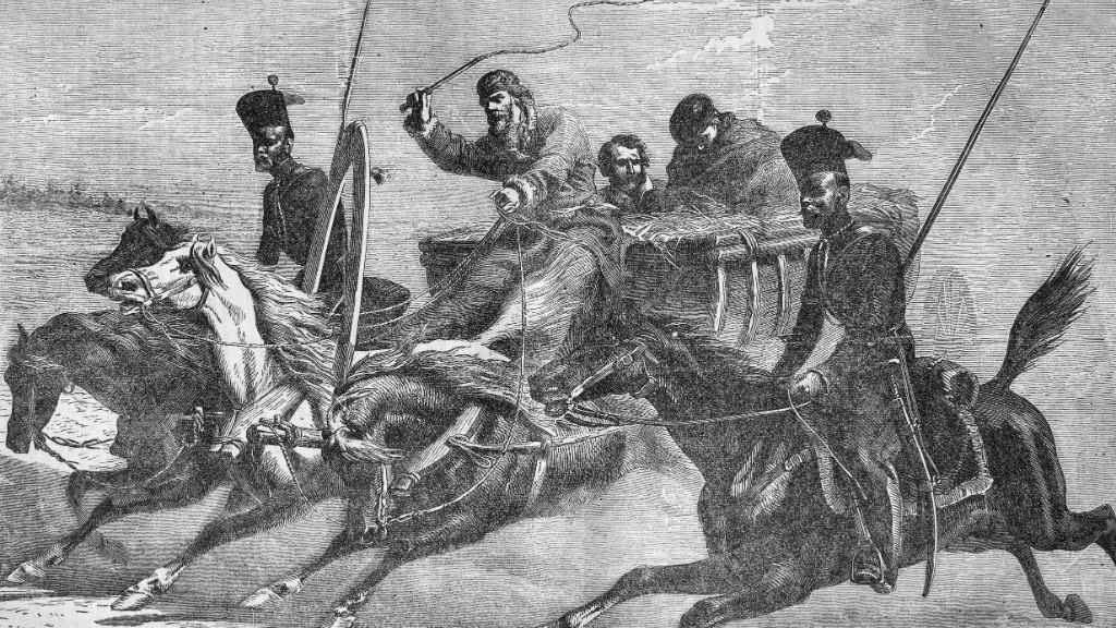 An illustration of horsemen and travelers on a carriage, reflecting nomadic traditions and the historical roots of Turkish culture.